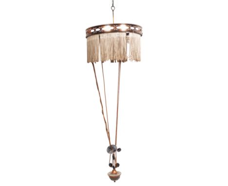 A mid 20th Century vintage Italian brass / metal hanging Neoclassical chandelier ceiling light of circular form having oval g