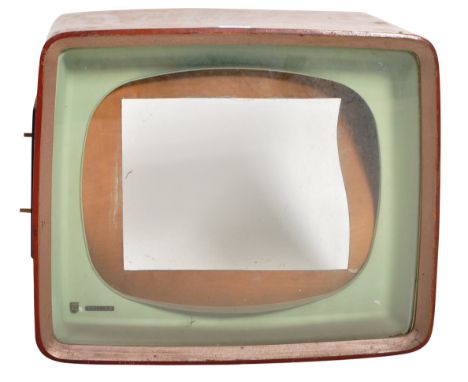 A retro vintage mid 20th Century theatre stage production prop model of a vintage television / TV. Brown veneer sides with gr