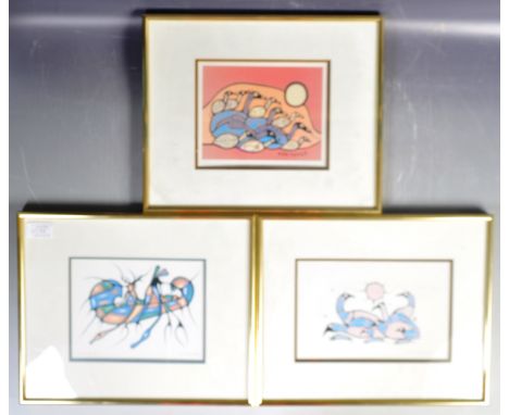 Norval Morrisseau (Ontario / Canada, 1932 - 2007)&nbsp; A set of three retro vintage 20th Century signed lithograph prints en