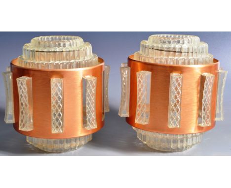 A matching pair of mid Century space age hanging ceiling light shades of cylindrical form having a bubble effect plastic diff