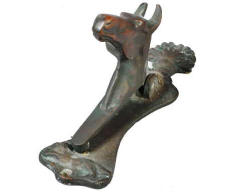 A vintage 20th Century hunting interest metal / brass door knocker in the form of a horses head with brass backplate having a