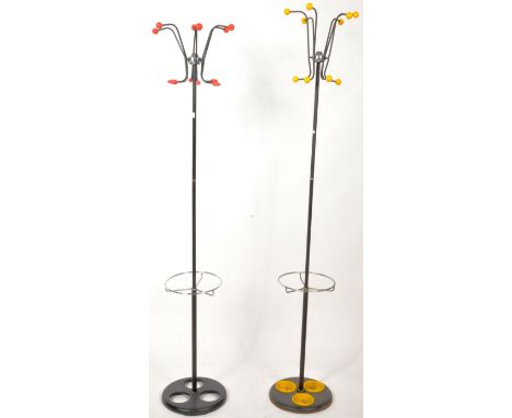 Two retro vintage 1960's sputnik atomic space age hat &amp; coat stands of tubular metal construction having shaped yellow ba
