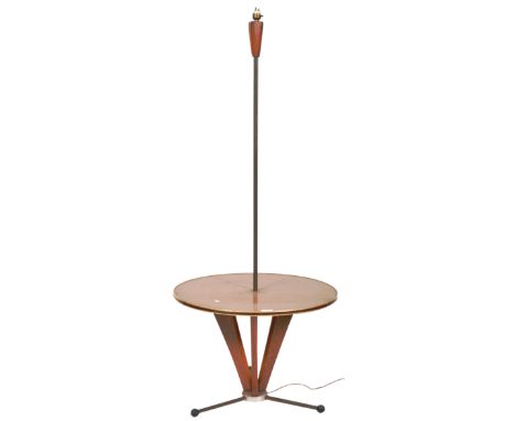 A retro vintage mid 20th Century teak wood standard lamp table comprising of a central floor standing lamp with circular and 