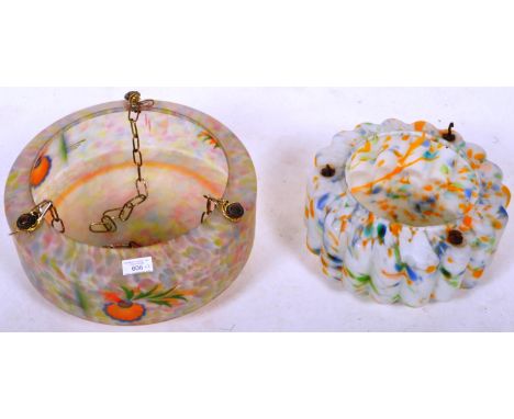 Two vintage 20th Century 1930's Art Deco&nbsp;hanging ceiling light lantern lamp shades of glass construction having&nbsp;mot