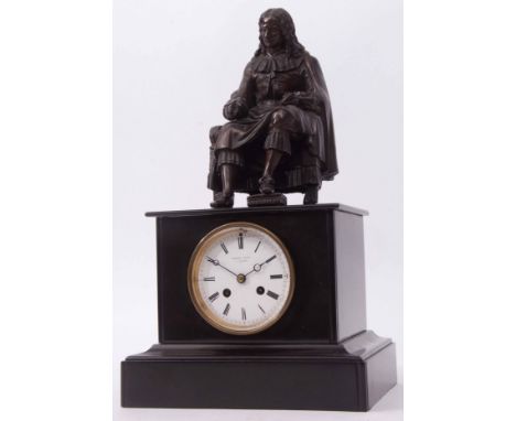 Late 19th century figural black marble mantel clock, Henry Capt A Geneve, the squat pink shaped case surmounted by a patinate