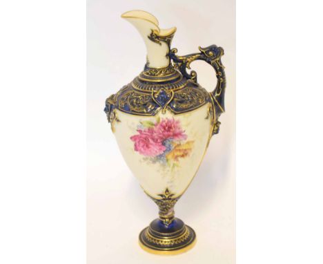 Royal Worcester Renaissance style ewer with dragon handle and blue ground decoration with a further floral spray to the front