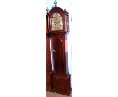 18th century mahogany 8-day longcase clock, S Decharmes - London, the arched hood set with two (of three) globe and spike fin