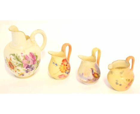 Collection of Royal Worcester late 19th/early 20th century wares comprising two miniature blush ground jugs with floral decor