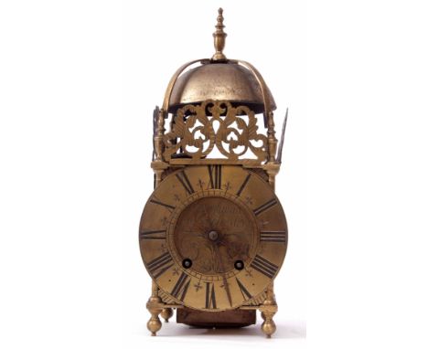 Late 20th century cast brass mantel clock modelled as a lantern clock with strapwork frame containing a bell over pierced pan