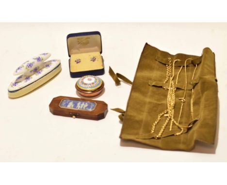 Packet: cased pair of gilt metal and enamelled earring, wrap of three gold plated chain, circular copper and enamel lidded po