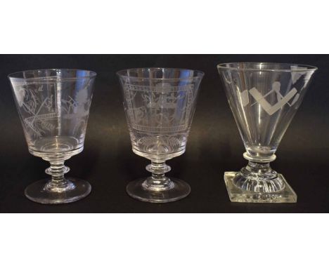 Glass goblet with an engraved monogram and ploughing design, together with two other glasses, one with a Masonic symbol on a 