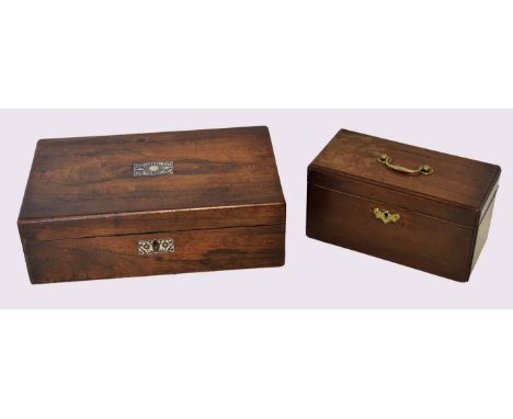19th century rosewood writing box, with fitted interior, mother of pearl nameplate and escutcheon, together with a further la