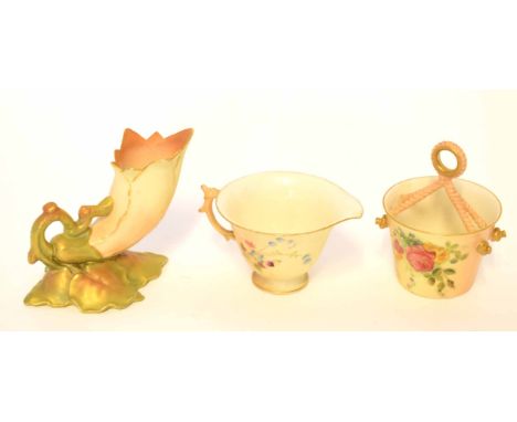 Group of blush ground Worcester wares including a pail with rope effect handle, a ewer decorated with flowers and a cornucopi