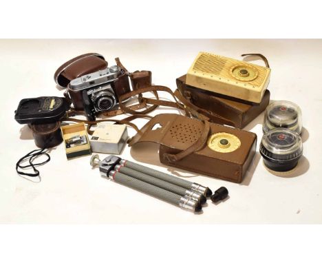Box assorted photographic and other items including vintage Retina 35mm camera and tripod plus lenses etc, together with two 