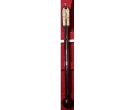 Early 19th century mahogany stick barometer, Marsh - Diss, the arched case with plain neck with visible tube to a demi-lune c