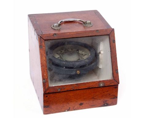 Mid-20th century mahogany cased and gimballed marine compass, H Hughes &amp; Sons Ltd - London, the square case with glazed f