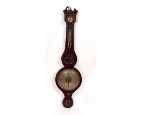 Second half of 19th century mahogany and boxwood line inlaid five-dial wheel barometer, B Biola - Norwich, the swan neck pedi