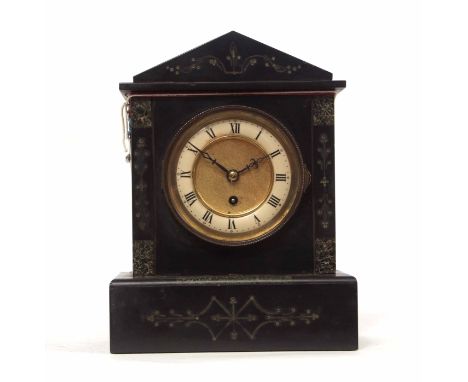 Late 19th century black and variegated marble mantel timepiece, the architectural case on a plinth base to a brass bezel encl