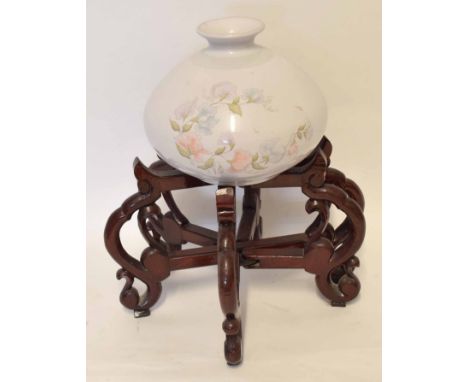 Large Denby Dauphine vase seated on a wooden Oriental stand 