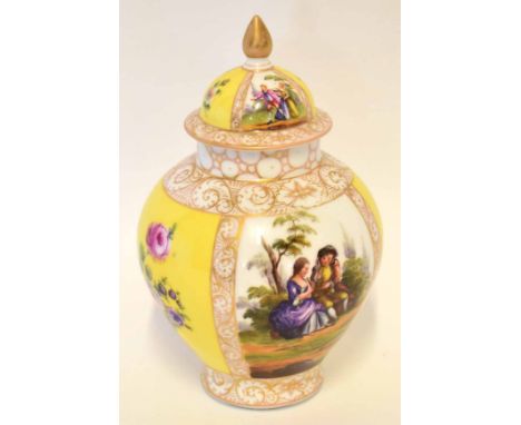 Continental porcelain vase and cover decorated in Meissen style with panels of floral sprays and figures in a pastoral settin