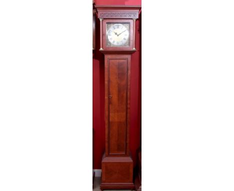 Modern triple weight driven longcase clock, the hood with overhanging cornice to three quarter columns and long trunk door on