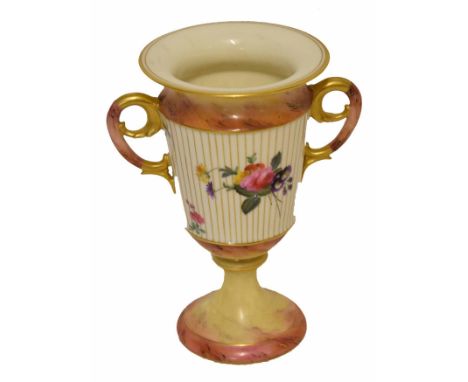 Worcester late 1970 Grainger &amp; Co vase, decorated with floral sprays, the vase on a shaped foot with gilt loop handles, 1
