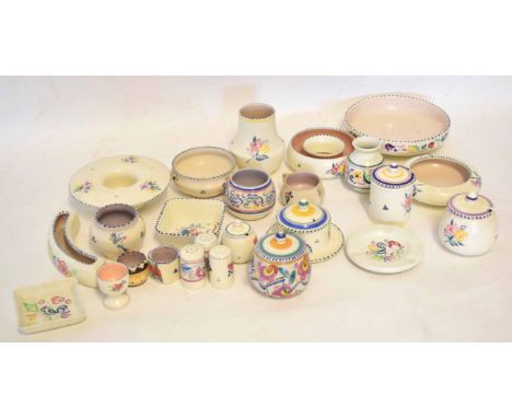 Large quantity of Poole pottery to include 5 lidded preserve jars, circular floral vases, bulbous vases, part cruet sets etc 