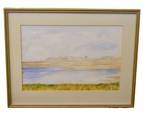 Pat Newton, signed watercolour, "Footsteps in the snow", 28 x 37cm together with a further watercolour by R Ball (2) 