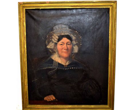 19th century English school, oil on canvas, Head and shoulders portrait of a lady wearing lace bonnet, 73 x 61cm  