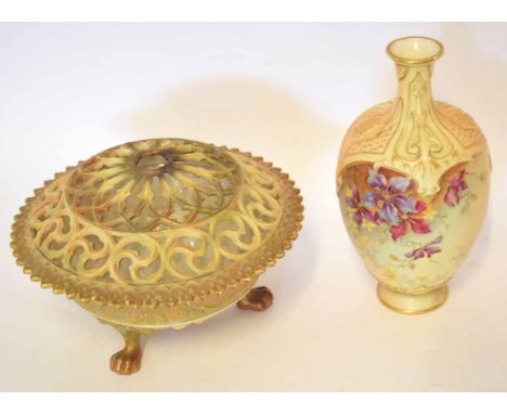 Royal Worcester bowl with reticulated cover, together with a Royal Worcester vase, the blush ground painted with purple flowe