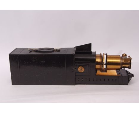 Early 20th century lacquered brass and black painted Magic Lantern slide projector, reg number 519324 of typical form (probab