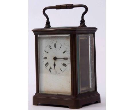 Late 19th century French brass cased carriage timepiece, the cylinder platform escapement platform (a/f) to a Roman enamel di