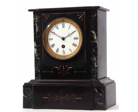 Late 19th century black and green variegated marble mounted mantel timepiece, the plinth shaped case with break front and gil