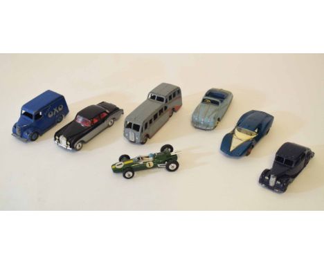 Mixed Lot: model cars comprising Dinky, Riley, Austin Atlantic, observation coach, OXO Trojan, together with Corgi Lotus Clim