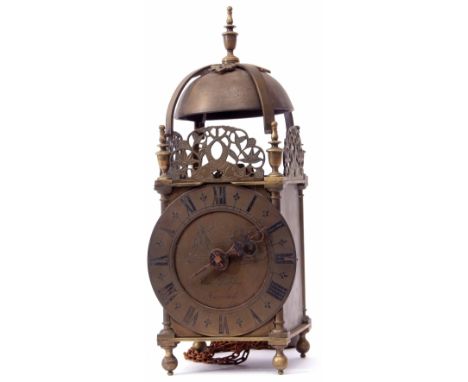 Brass cased verge hoop and spike lantern clock, signed William Dobson - Norwich, the strapwork frame containing a bell over f