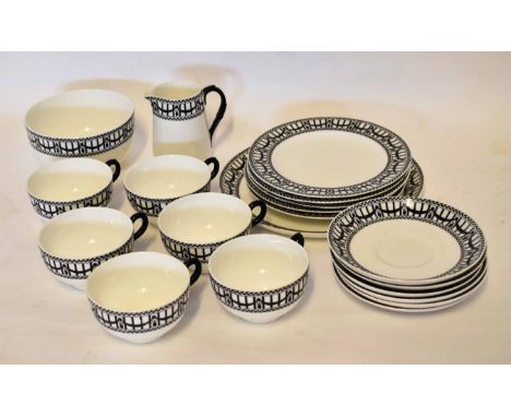 Group of Royal Worcester 1930s tea wares with a black pattern number C907 comprising six cups, saucers, side plates, serving 