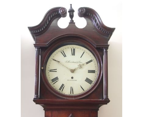 Mid-19th century Scottish mahogany cased 8-day timepiece, the case with swan neck pediment and central urn with further denti