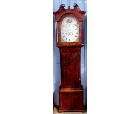 Mid-19th century oak and mahogany cross banded 30-hour longcase clock, E Matthews - Welshpool, the hood with swan neck pedime