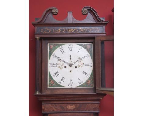 Early 19th century oak and mahogany cross-banded 30 hour longcase clock, unsigned, the broad hood with swan neck pediment ove