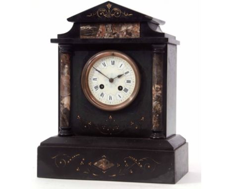 Late 19th century black and variegated marble mantel clock, the architectural case with Palladian pediment over half turned c