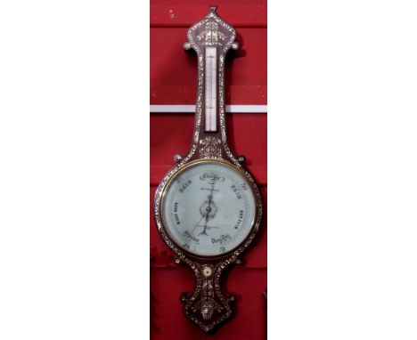 Mid-19th century rosewood and mother of pearl inlaid wheel barometer, Josh Somalvico &amp; Co, 16 Charles St, Hatton Garden, 