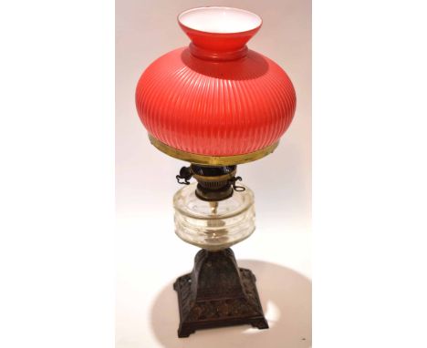 Late 19th century cast metal and clear glass oil lamp, Hinks Duplex No 2, the pierced square section base with floral and fol