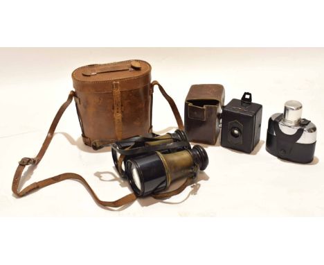 Cased pair of vintage brass and black lacquered binoculars, inscribed "Iris, France", 13cm long, a small vintage "Baby-box" c