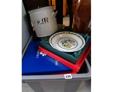 Box of Hornsea and other Christmas plates, Enamel flour tin and assorted items