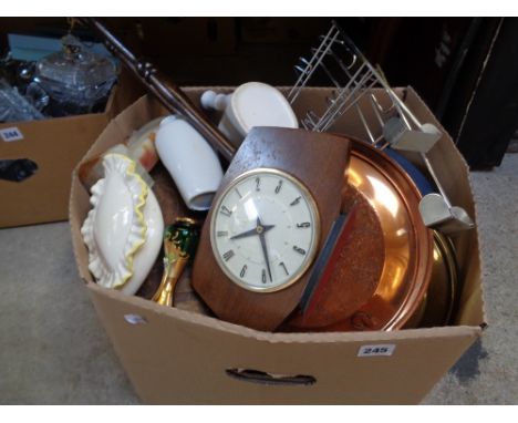 Box of bygones inc. Retro Metamec mantel clock Copper warming pan etc.