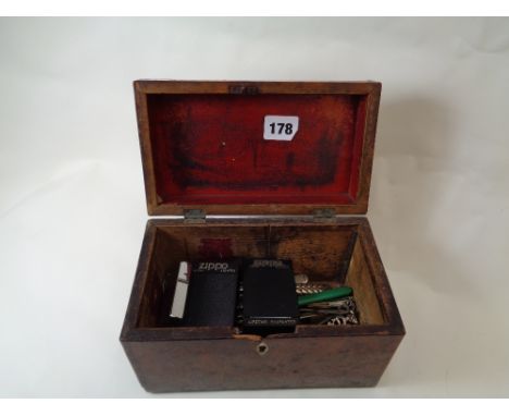 19thC Burr walnut inlaid tea caddy and a qty. of Silverplated flatware