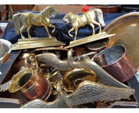 Pr. Of Brass Horse doorstops, Brass Dog Nut cracker and assorted metal ware