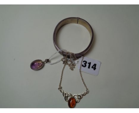 Silver engraved bangle, Amber Silver set pendant and a Amethyst Silver set pendant