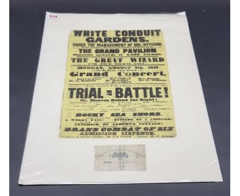 WHITE CONDUIT GARDENS:&nbsp;letterpress broadside printed on yellow paper, 2pp, Monday August 9th 1841, including appearance 