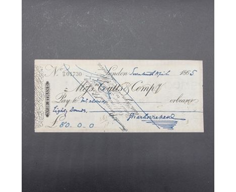 CHARLES DICKENS:&nbsp;printed cheque drawn from Coutts Bank for the sum of £80, dated 17th April 1865, payable to a Mr Willia